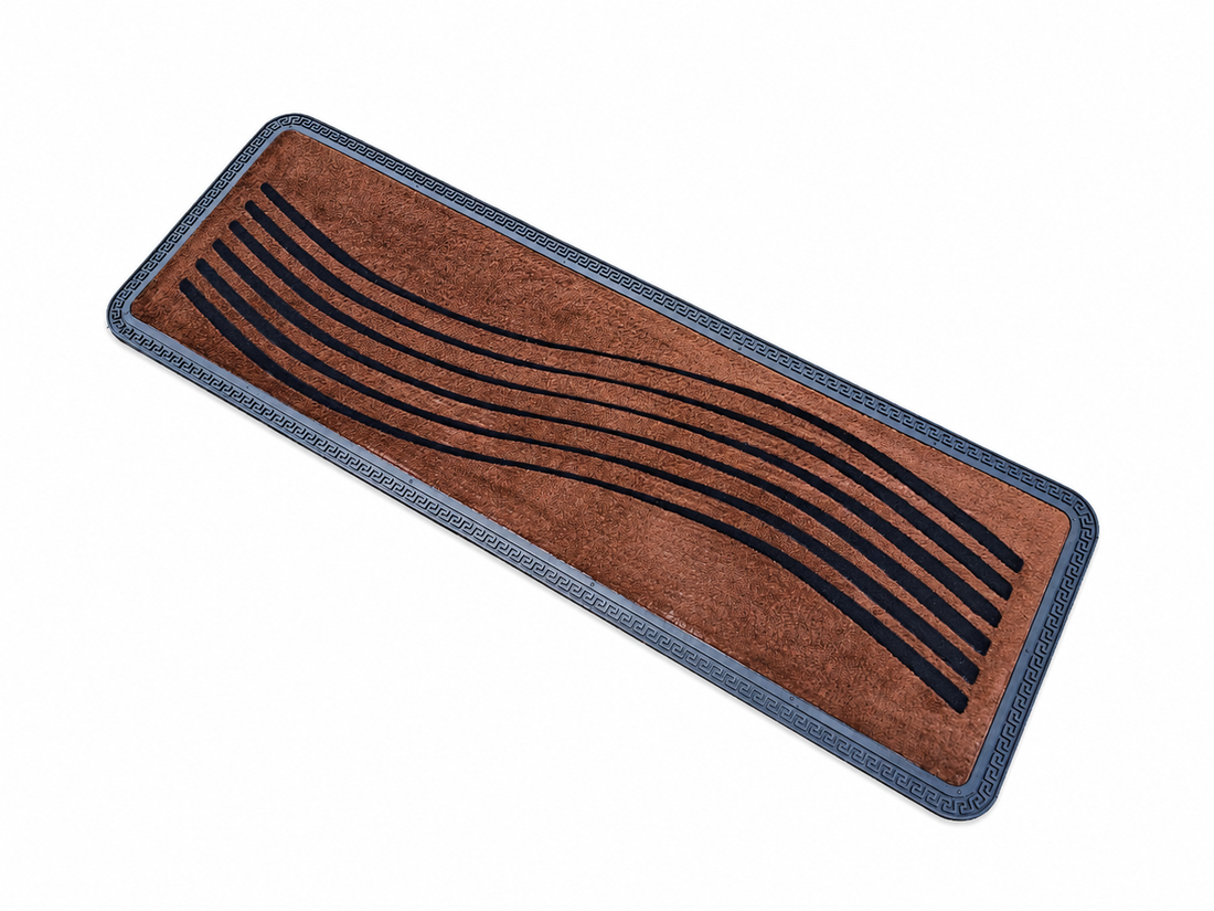 Rectangular brown mat with black patterns on a white background