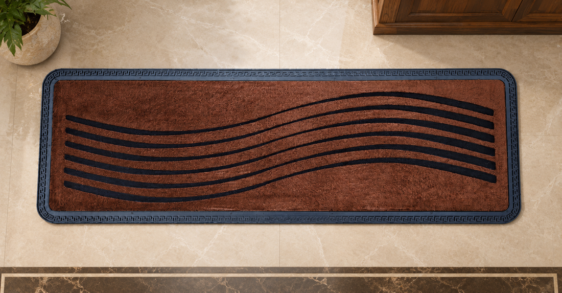 
                      
                        Brown doormat with black wave pattern on a beige floor
                      
                    