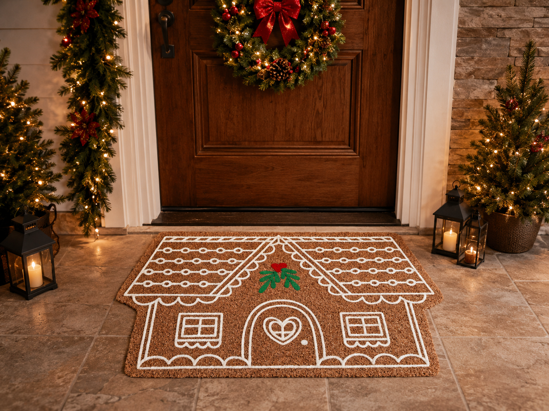 
                      
                        Decorative doormat shaped like a gingerbread house in front of a festively decorated door with wreaths and lights.
                      
                    
