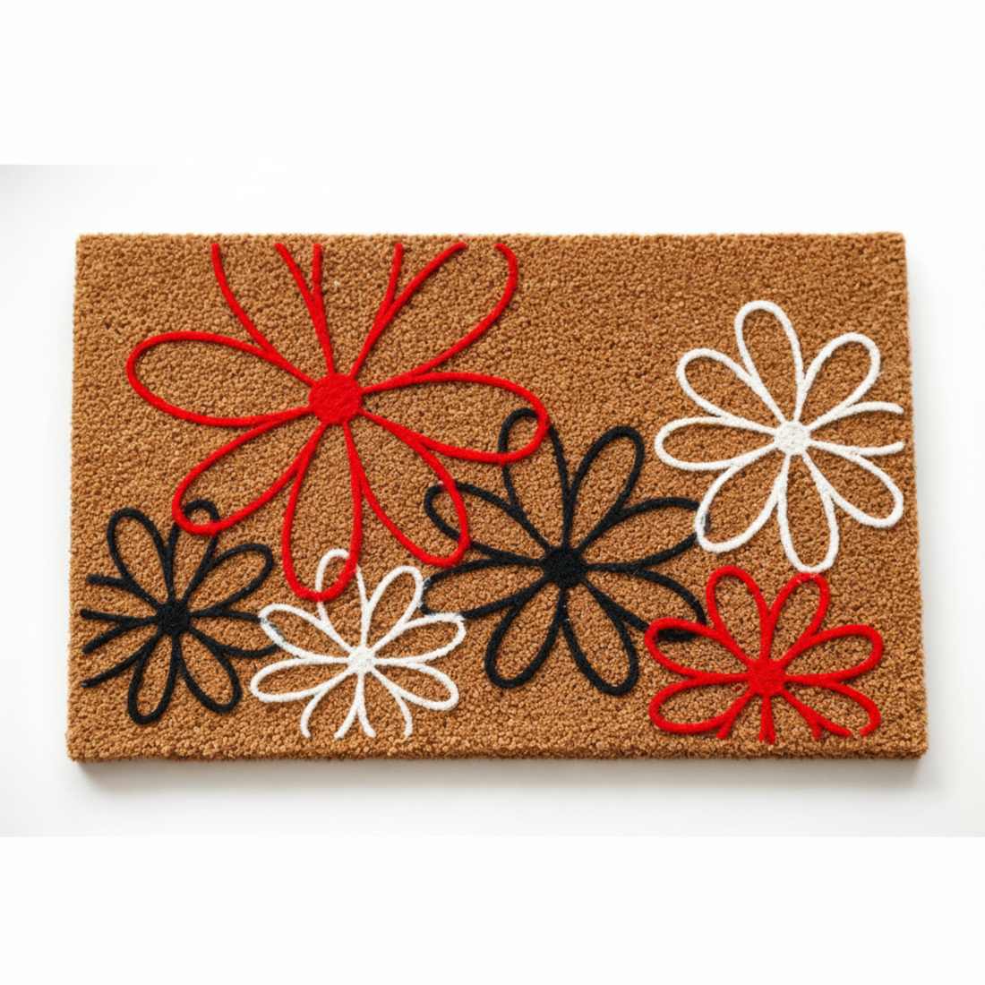 Doormat with colorful flower designs on a white background