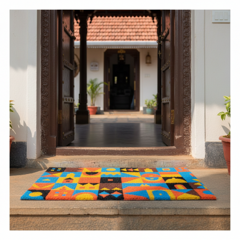 Colourful geometric-patterned coir rug on a stone step leading to an open door with a traditional building interior.
