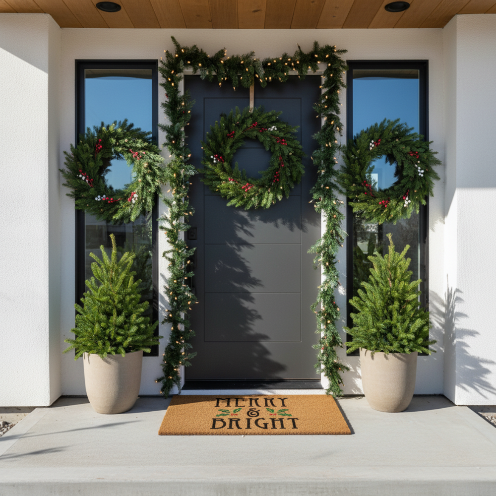 Decorative front door with wreaths, garlands, and potted plants on a white wall.