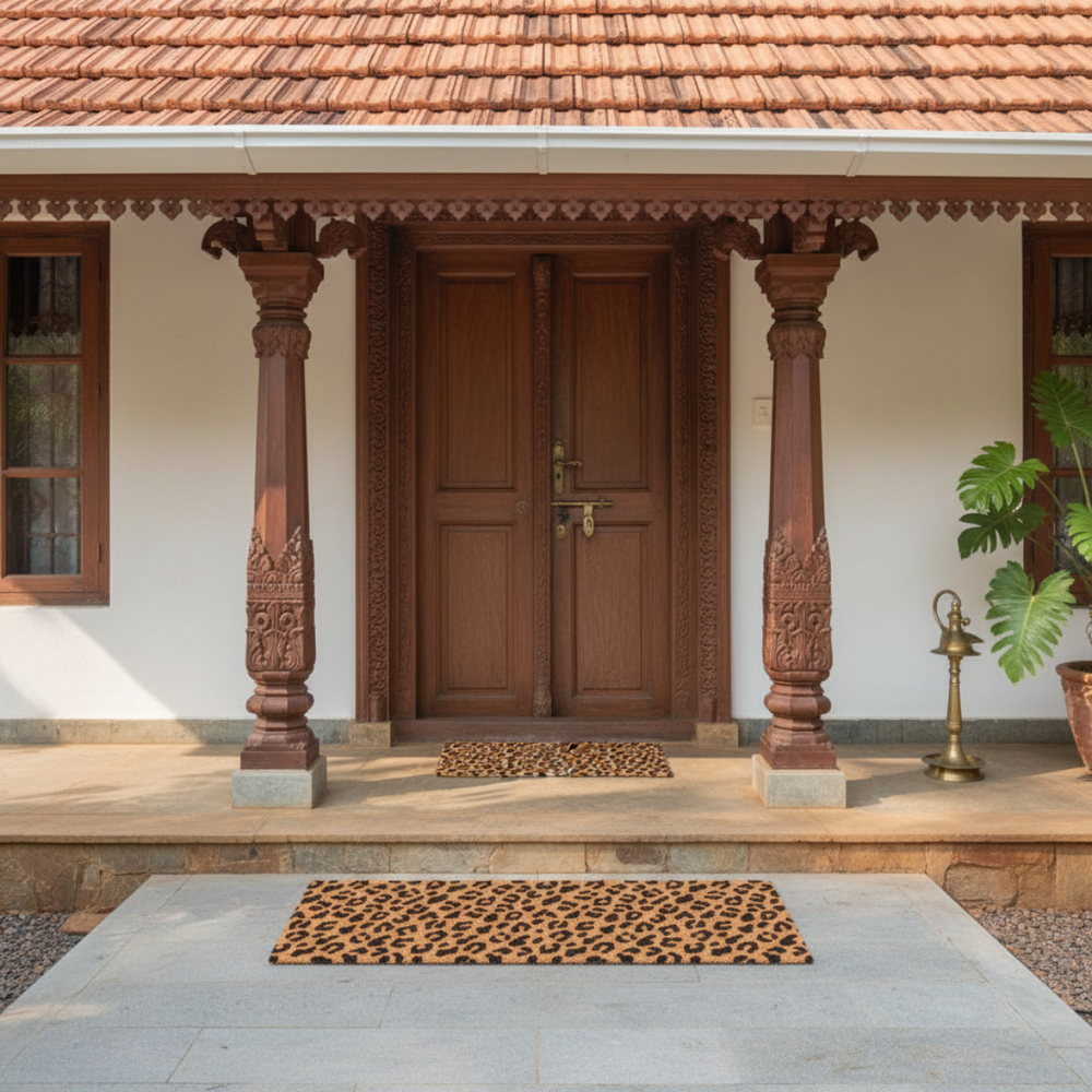 
                      
                        Traditional wooden door with decorative columns and a leopard print coir mat on a stone pathway.
                      
                    