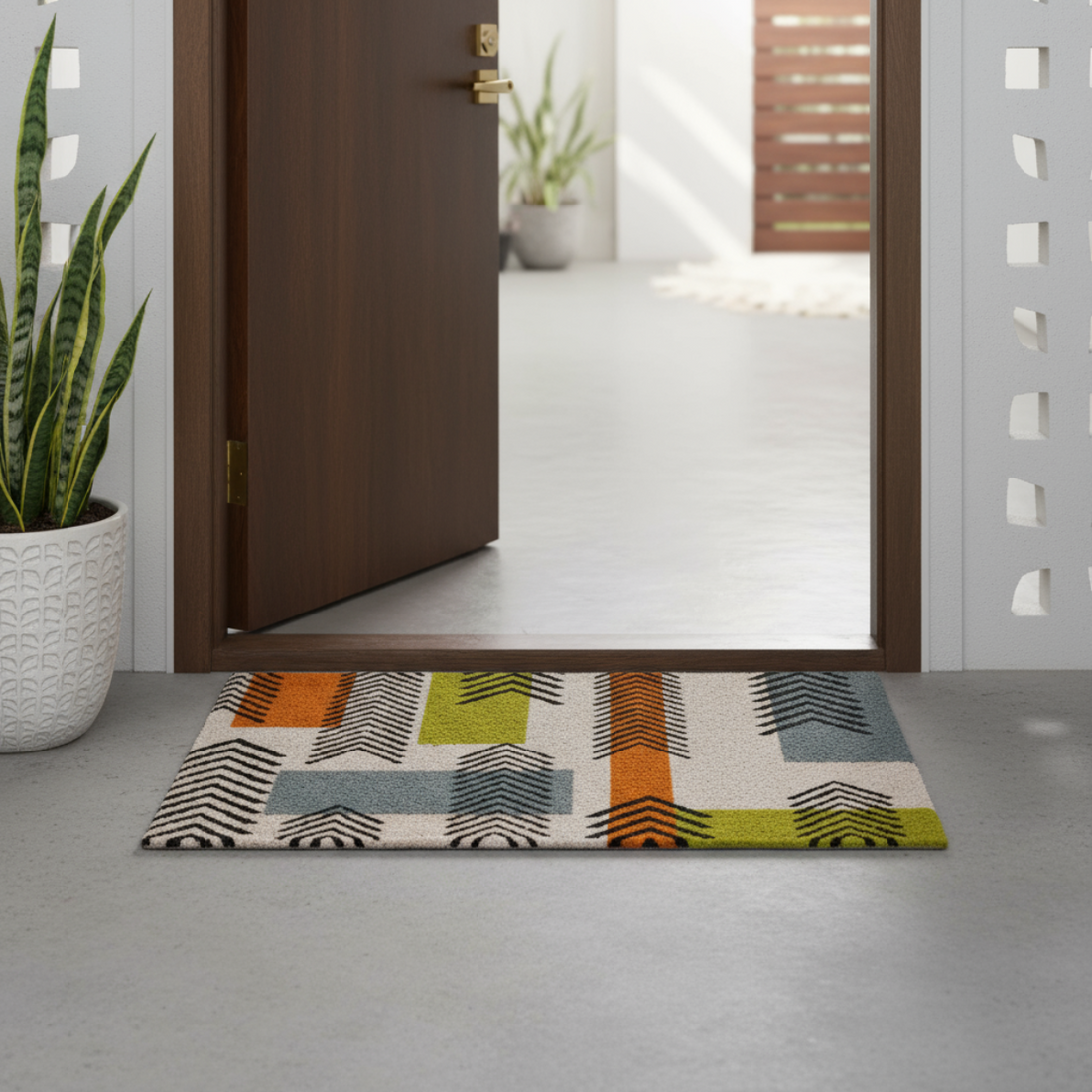 
                      
                        Colourful geometric-patterned coir doormat on a grey floor with an open door leading to a white room.
                      
                    