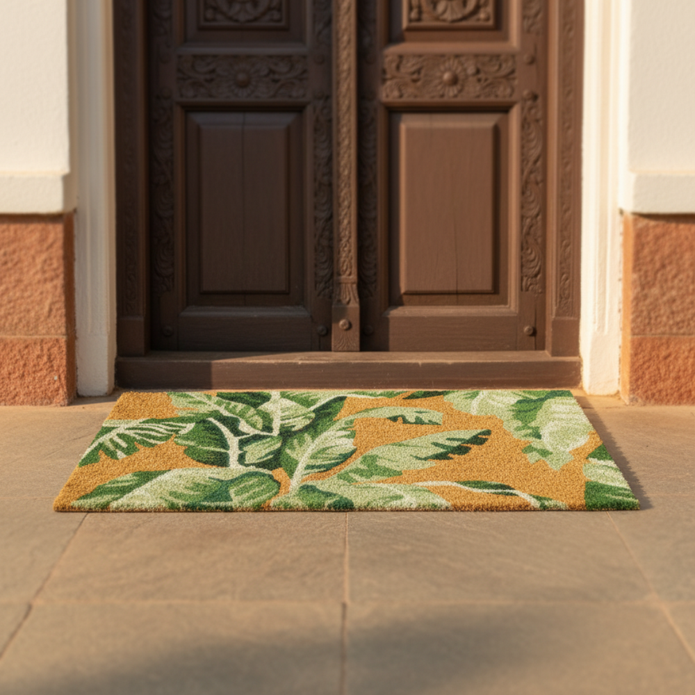 Coir doormat with leaf pattern in front of a brown door