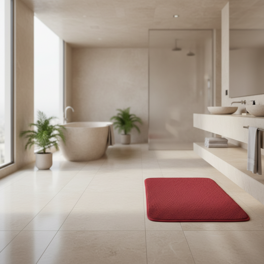 Modern bathroom with a red rug on the floor, bathtub, and sink.