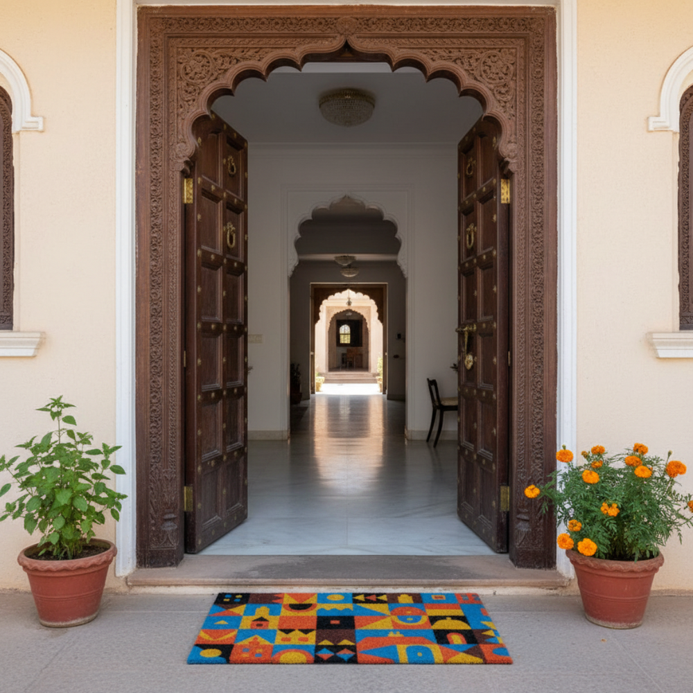 Decorative entrance with ornate wooden doors, colourful coir rug, and potted plants.
