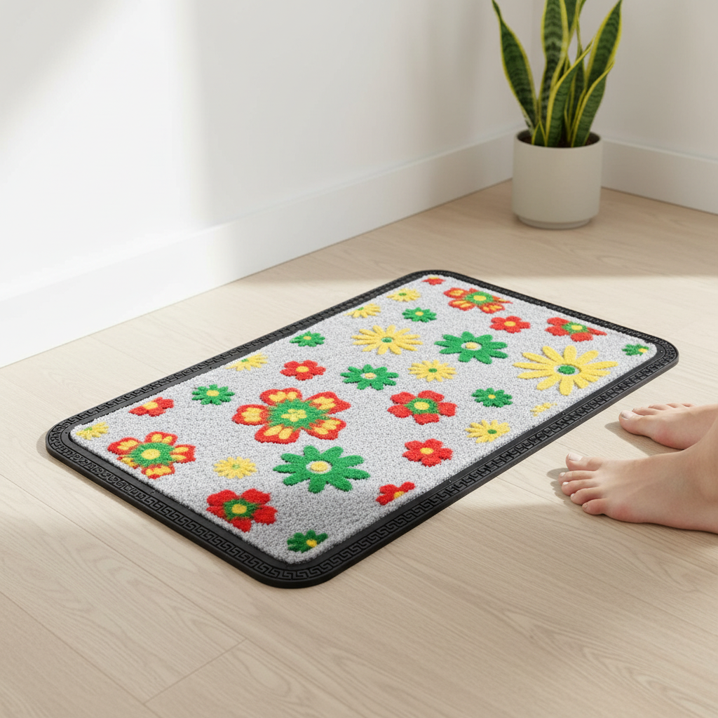 OnlyMat Bright Petals Flocked PP Mat lifestyle shot on natural surface with soft daylight