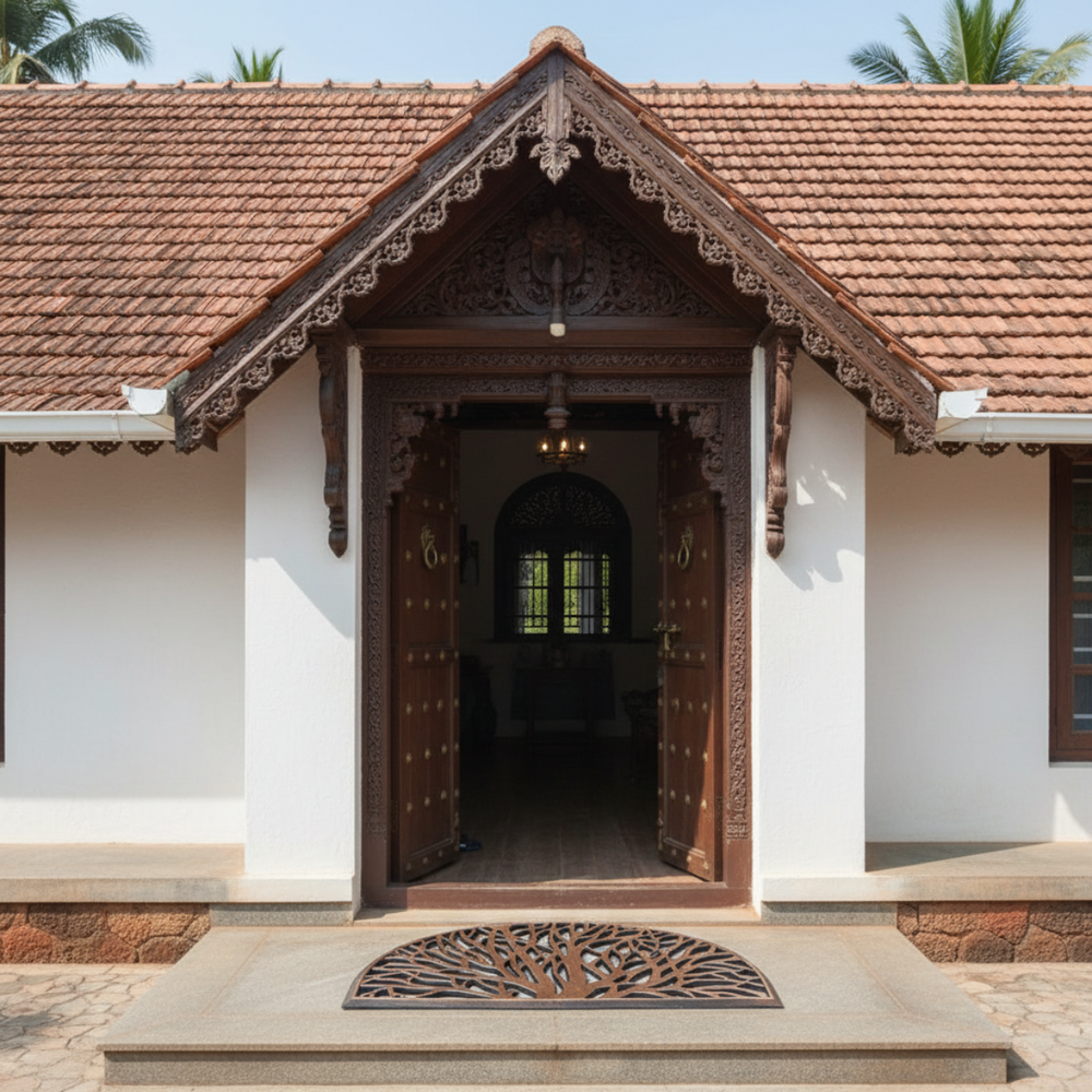 Traditional house with ornate wooden door and rubber moulded doormat