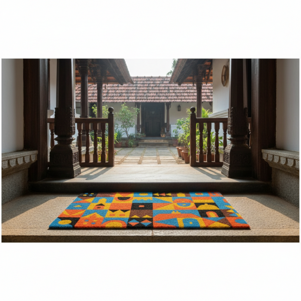 
                      
                        Colourful geometric-patterned coir rug on a wooden floor with a traditional building in the background
                      
                    