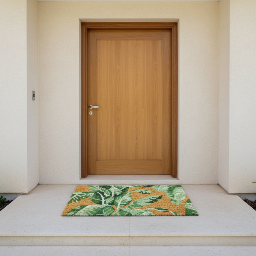 
                      
                        Coir doormat with leaf pattern in front of a wooden door on a white floor.
                      
                    