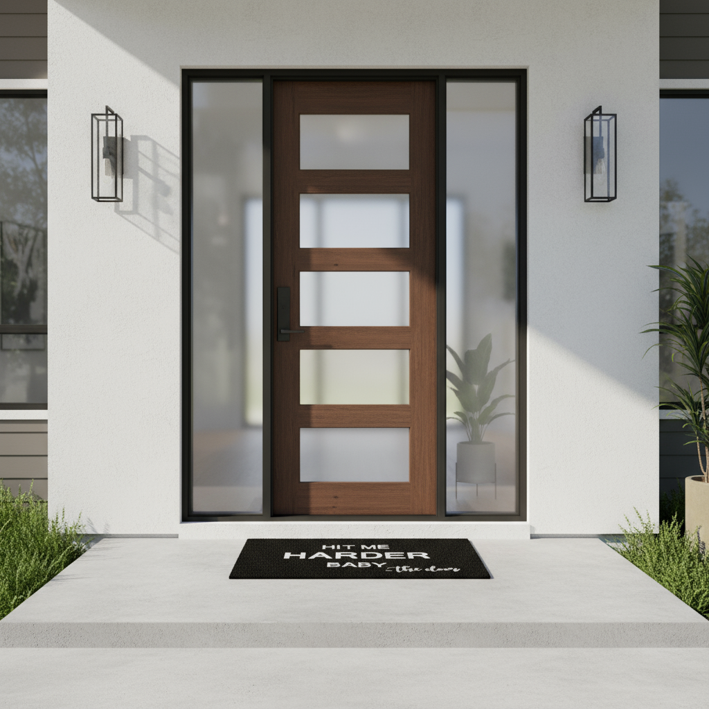 Modern front door with glass panels and a welcome mat on a white house exterior.