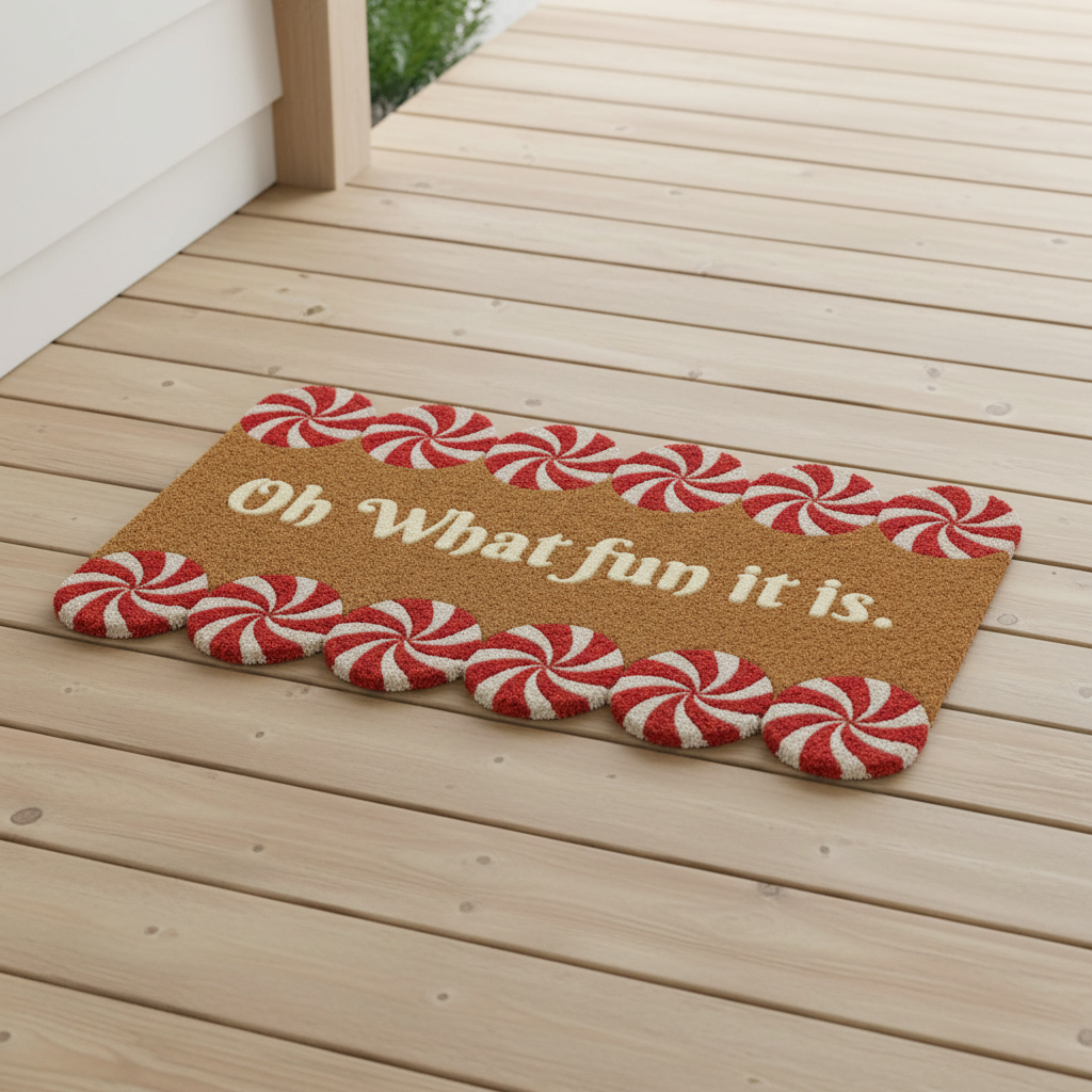 Oh What Fun Peppermint Candy Coir Doormat lifestyle photo on natural wooden surface