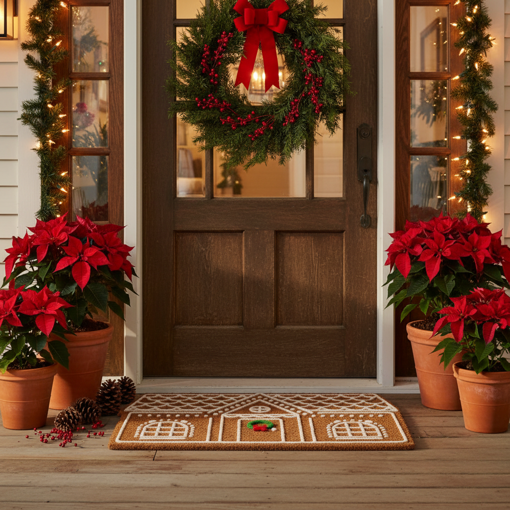 Festive Gingerbread House Flocked Coir Doormat lifestyle image at a cozy holiday porch entrance