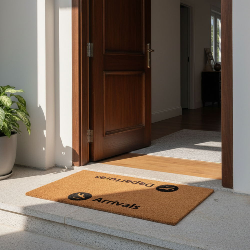 Doormat with 'Arrivals' and 'Departures' text on a staircase leading to an open wooden door.