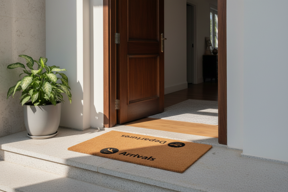 Doormat with 'Arrivals' and 'Departures' text on a staircase leading to an open wooden door.