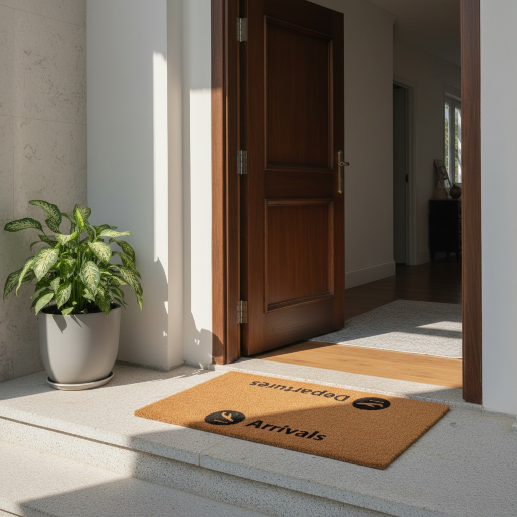 Doormat with 'Arrivals' and 'Departures' text on a staircase leading to an open wooden door.