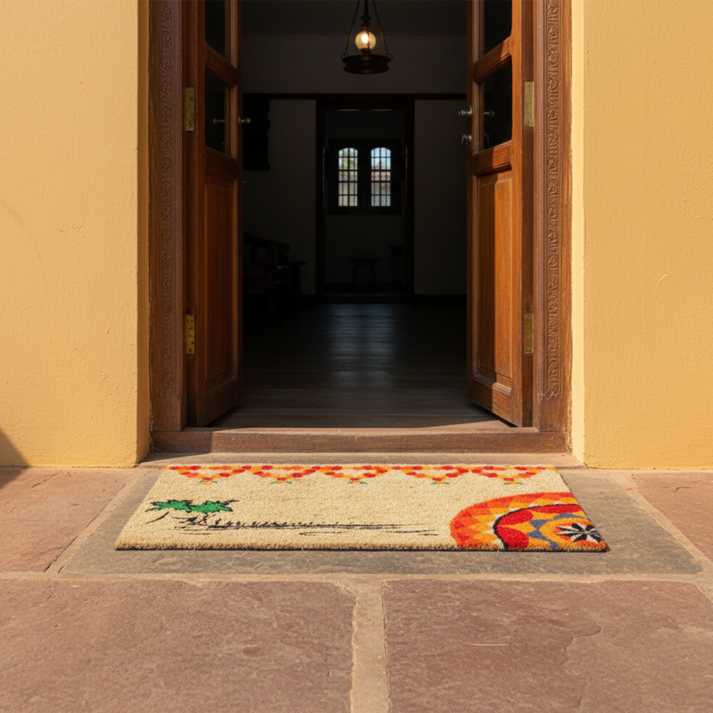 Decorative coir doormat with colorful onam patterns on a stone floor in front of an open door.