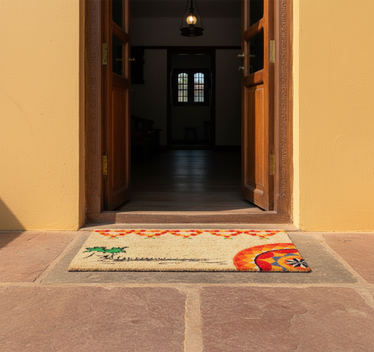 Decorative coir doormat with colorful onam patterns on a stone floor in front of an open door.