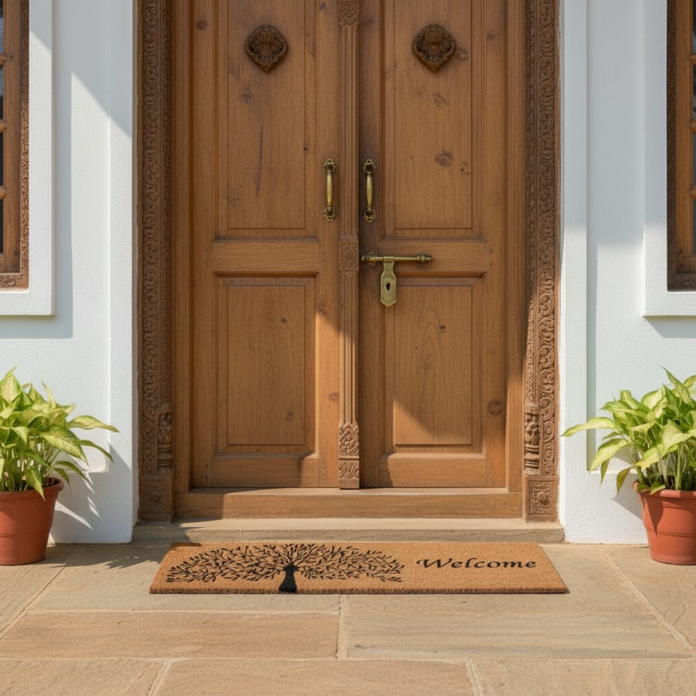 Wooden door with decorative carvings, welcome coir mat, and potted plants on a stone patio.
