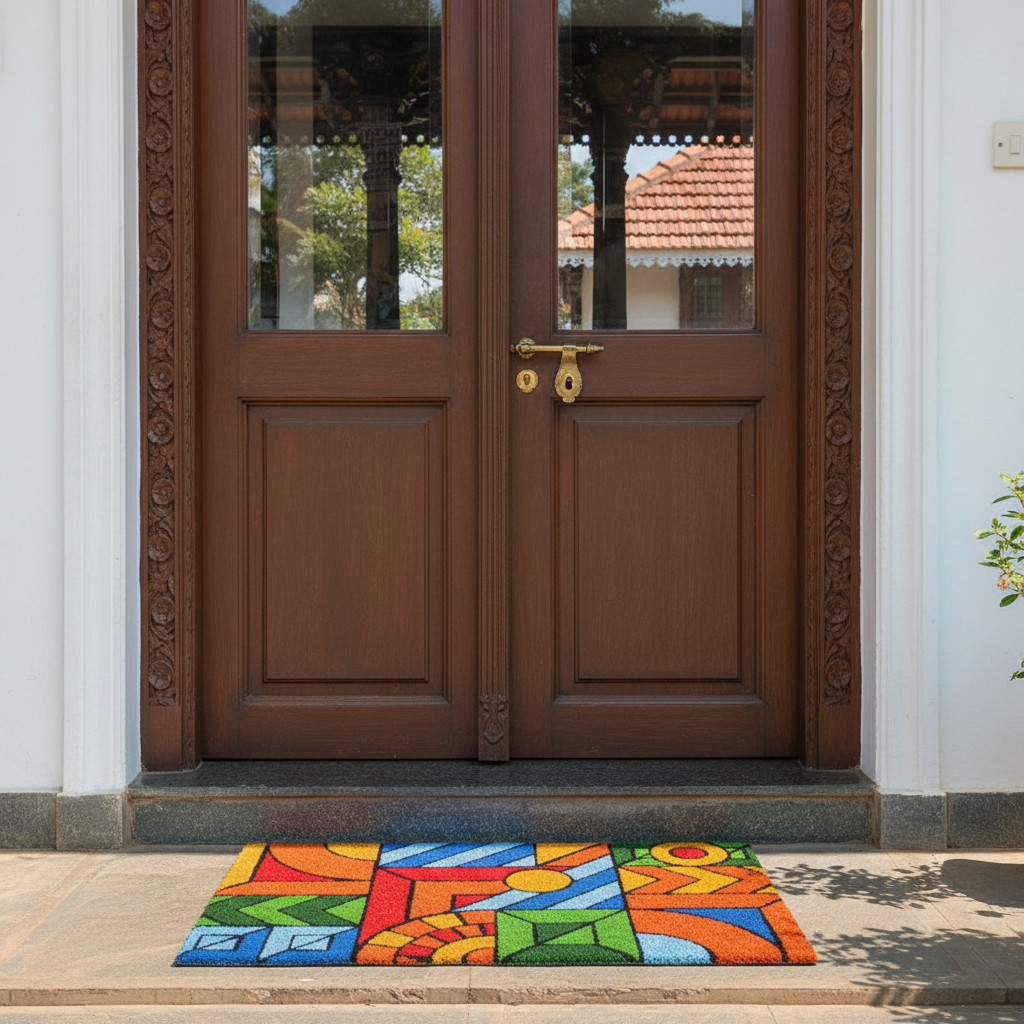 Colorful doormat in front of a brown wooden door with glass panels.