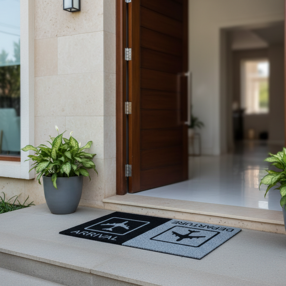 Front door of a house with a doormat featuring arrival and departure signs, flanked by potted plants.
