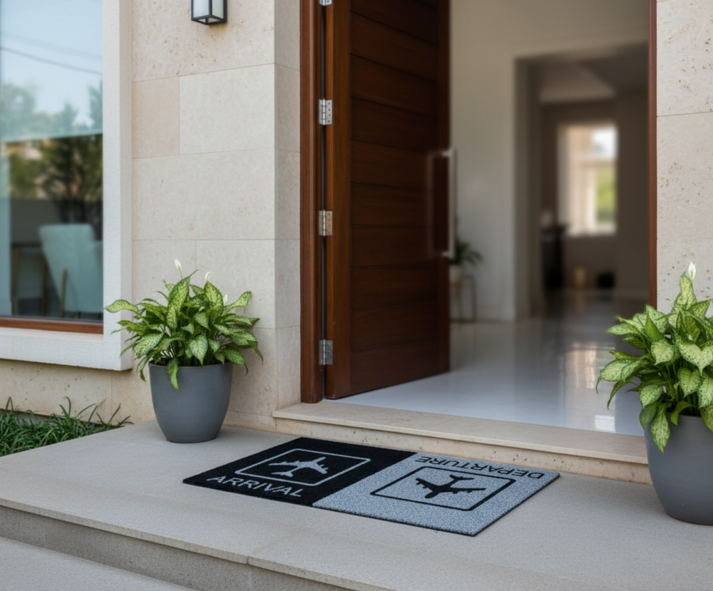Front door of a house with a doormat featuring arrival and departure signs, flanked by potted plants.