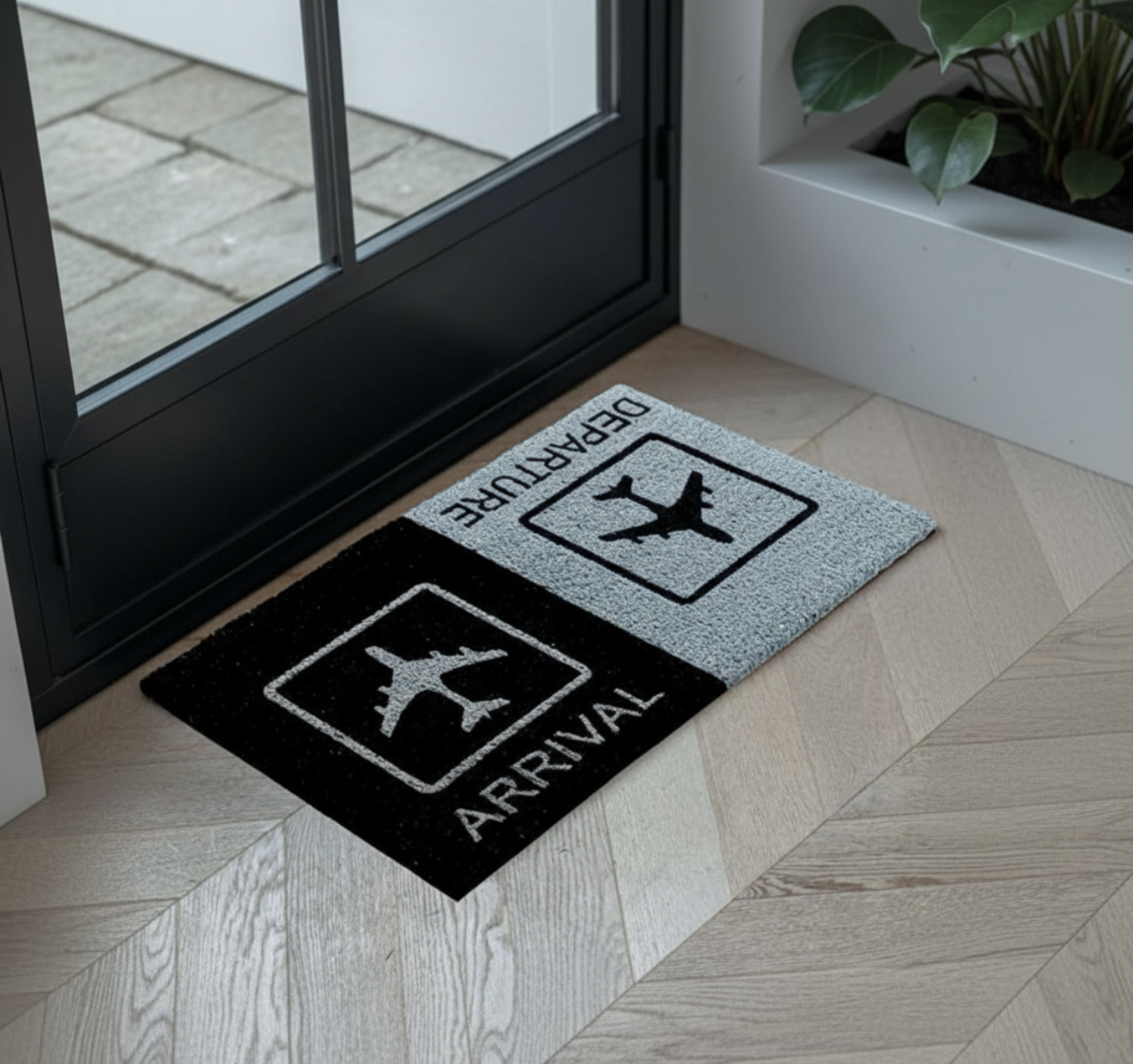 Doormat with 'Departure' and 'Arrival' signs on a wooden floor.