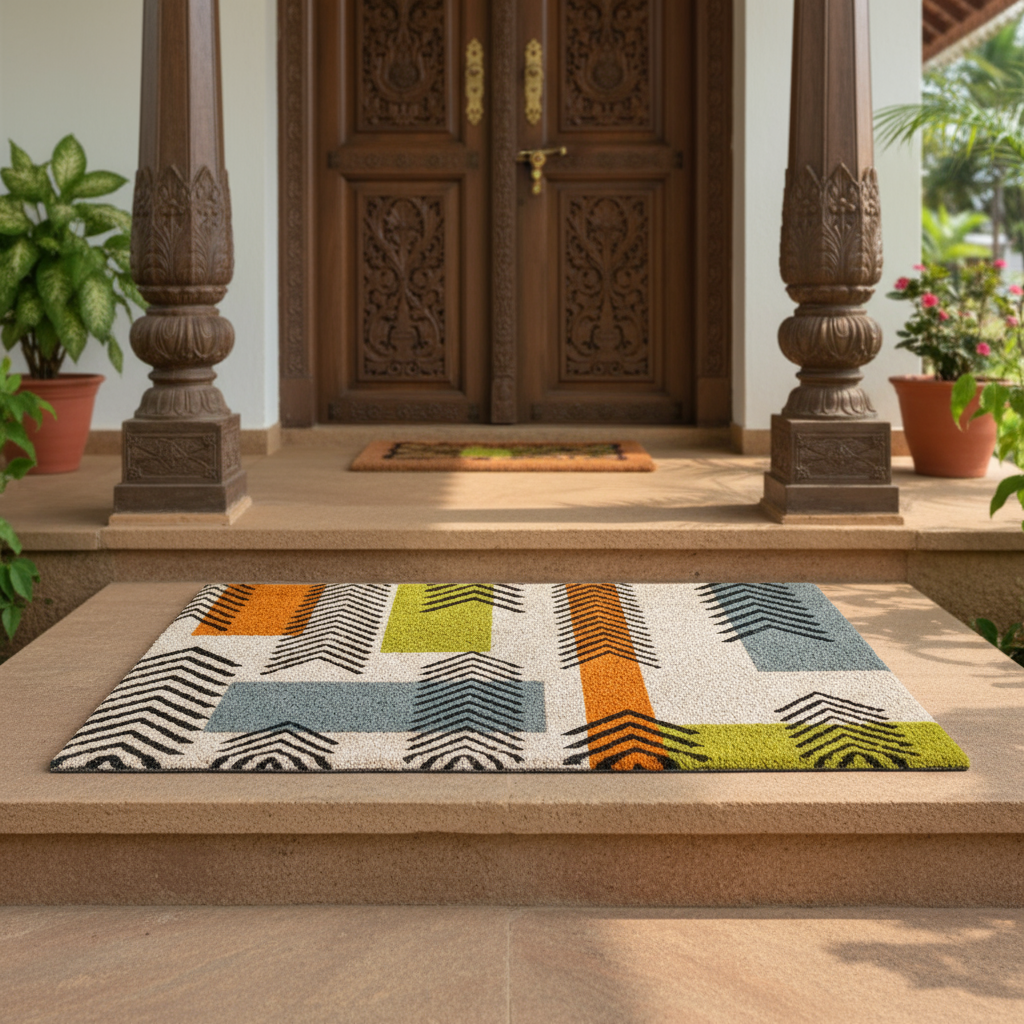 ओनलीमैट एरो डिज़ाइन ग्रीन और ऑरेंज नेचुरल कॉयर मल्टी-कलर डोर मैट