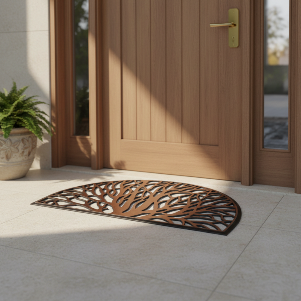 Decorative rubber moulded doormat with leaf pattern in front of a wooden door.
