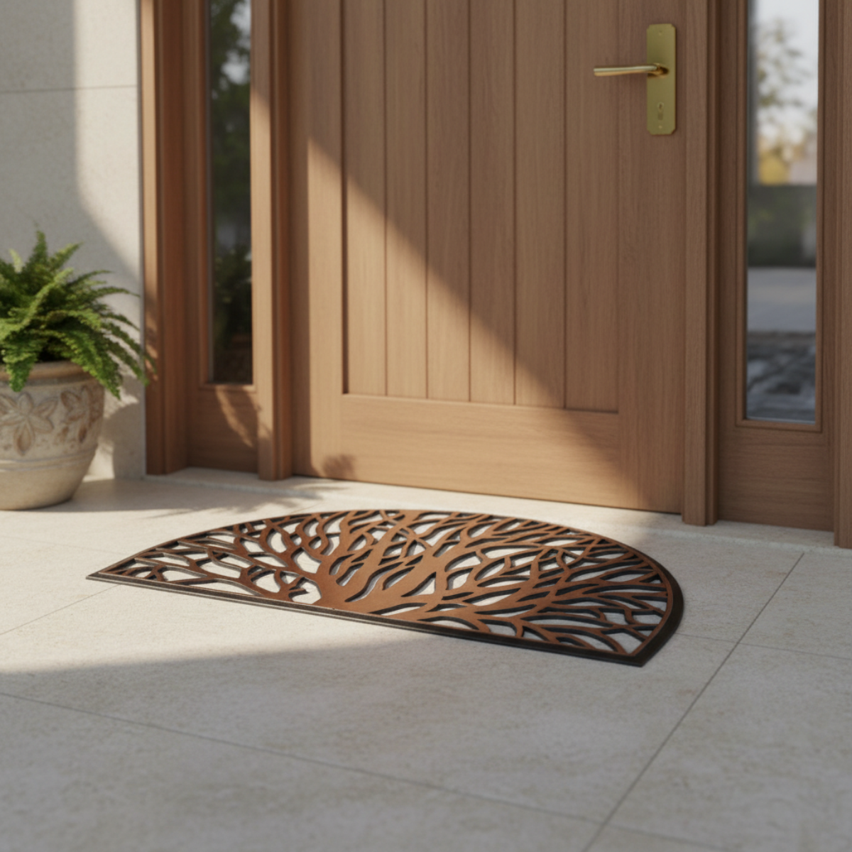 Decorative rubber moulded doormat with leaf pattern in front of a wooden door.