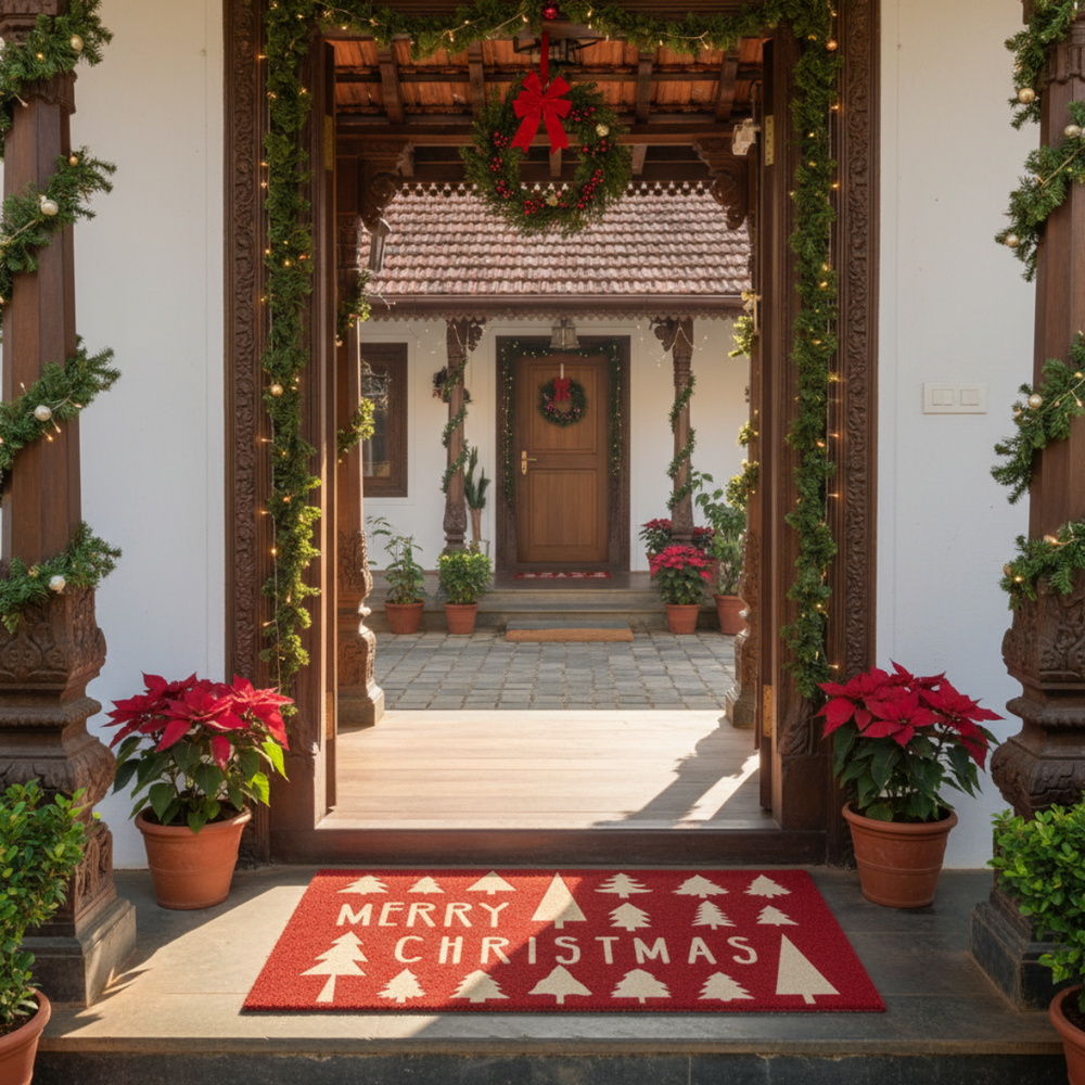 Decorative entrance with Christmas wreath, poinsettias, and a 'Merry Christmas' mat.