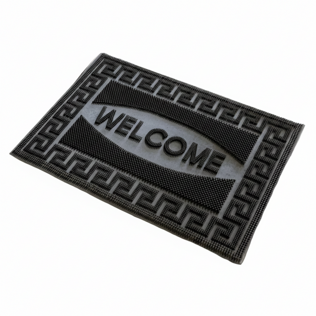 Black doormat with 'WELCOME' text on a white background