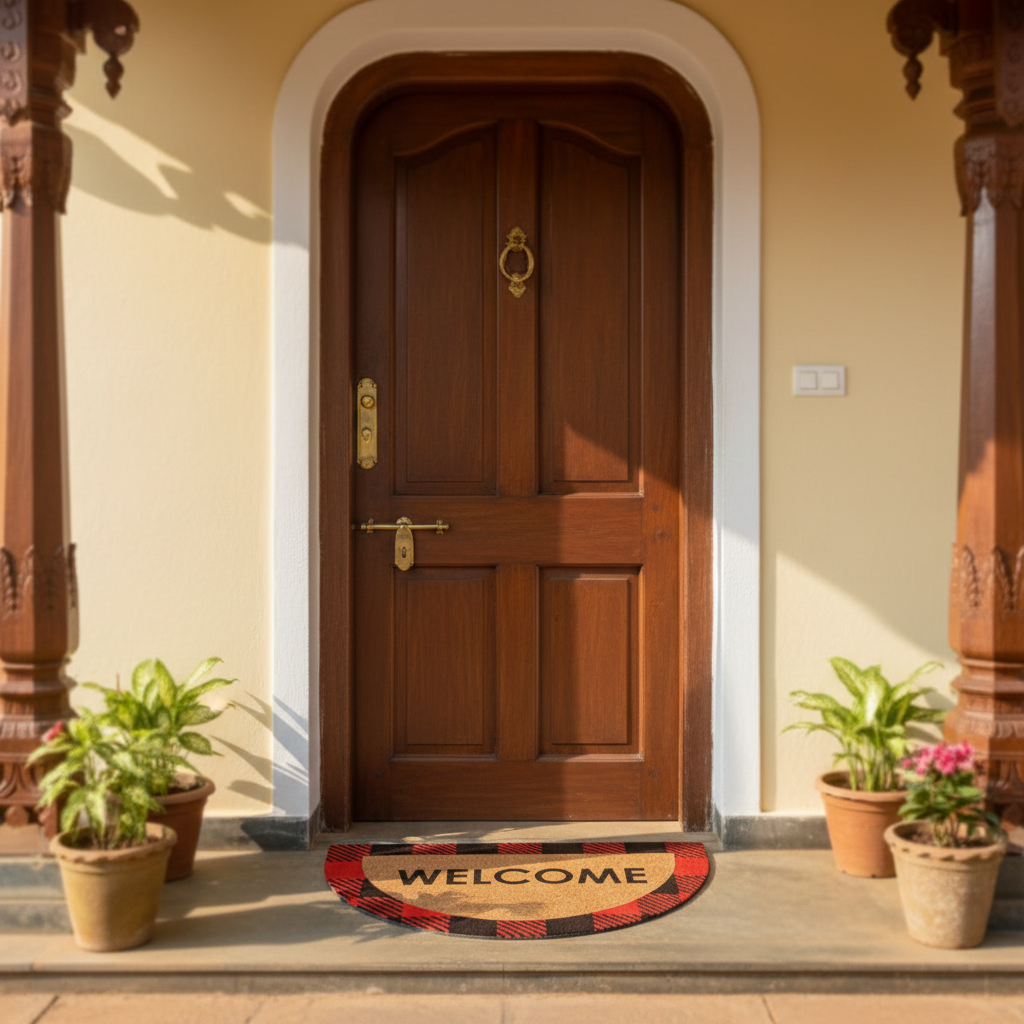 OnlyMat Half Round Buffalo Plaid Coir Mat with Anti-Slip Backing