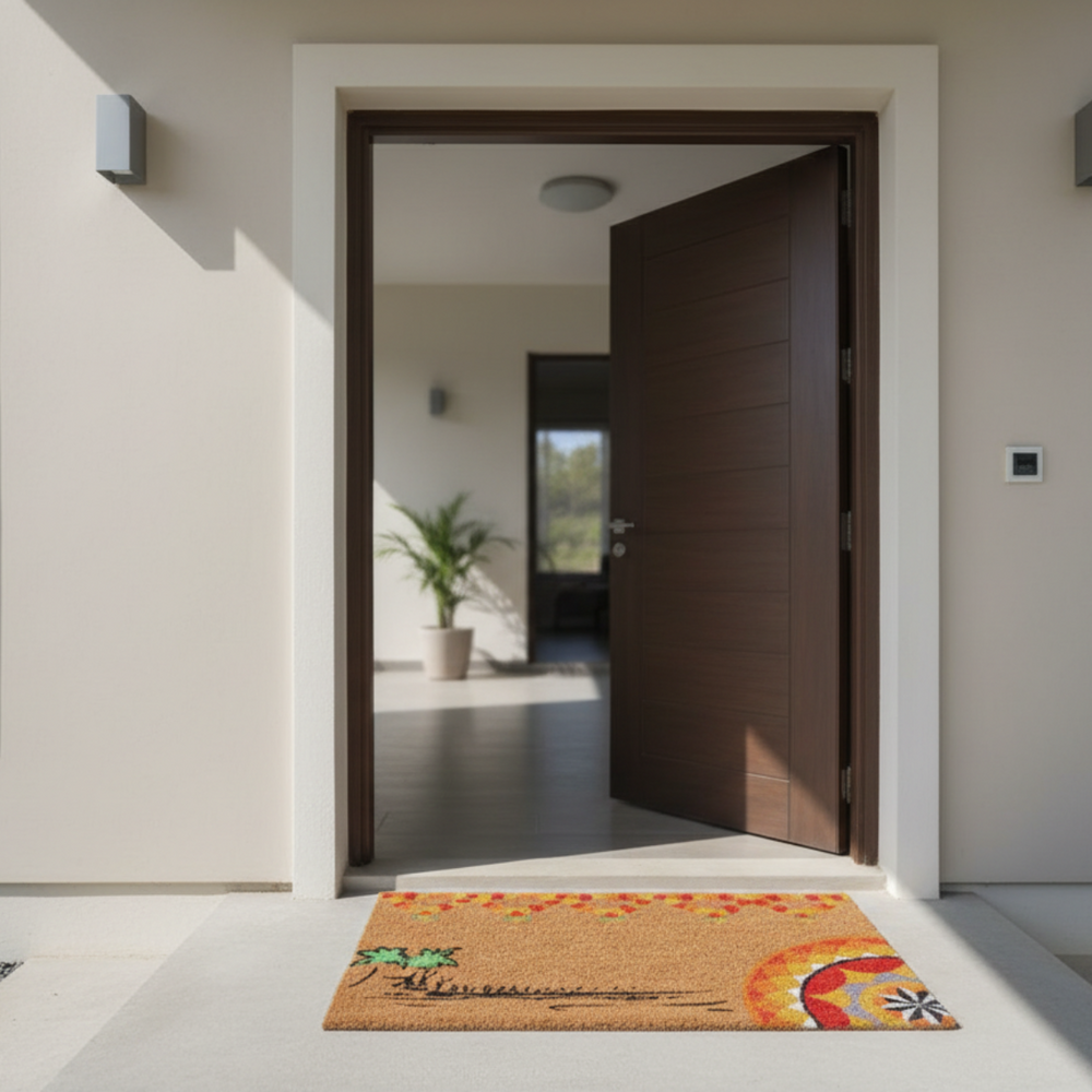 Modern home entrance with a coir doormat featuring a colorful onam design.