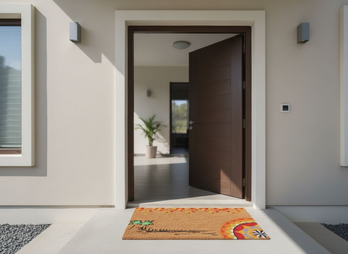 Modern home entrance with a coir doormat featuring a colorful onam design.