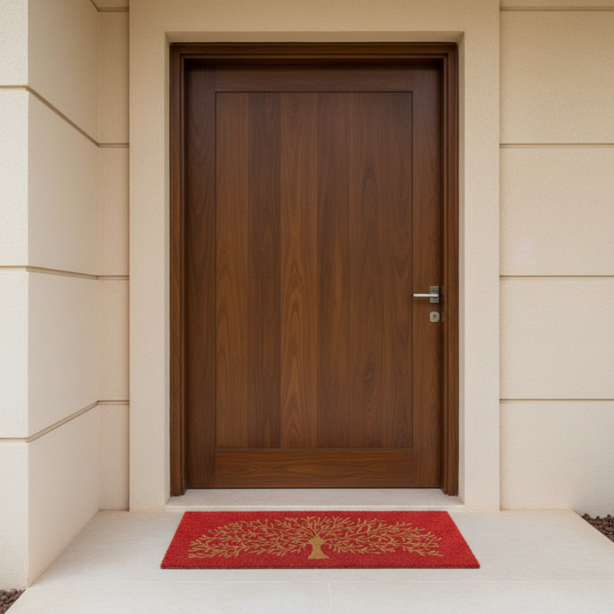 Wooden door with a red coir doormat featuring a tree design on a light-colored floor.