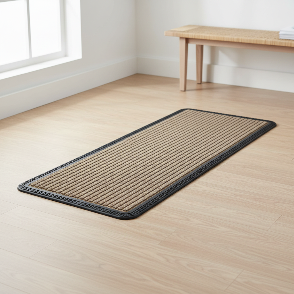 Lifestyle image of plain polypropylene anti-skid runner mat on natural wood floor
