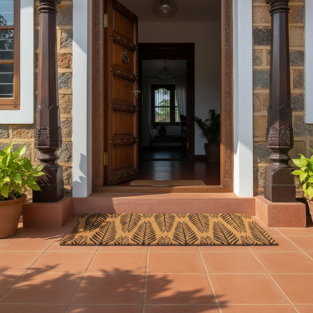 Entrance to a house with a decorative coir doormat, potted plants, and stone walls.