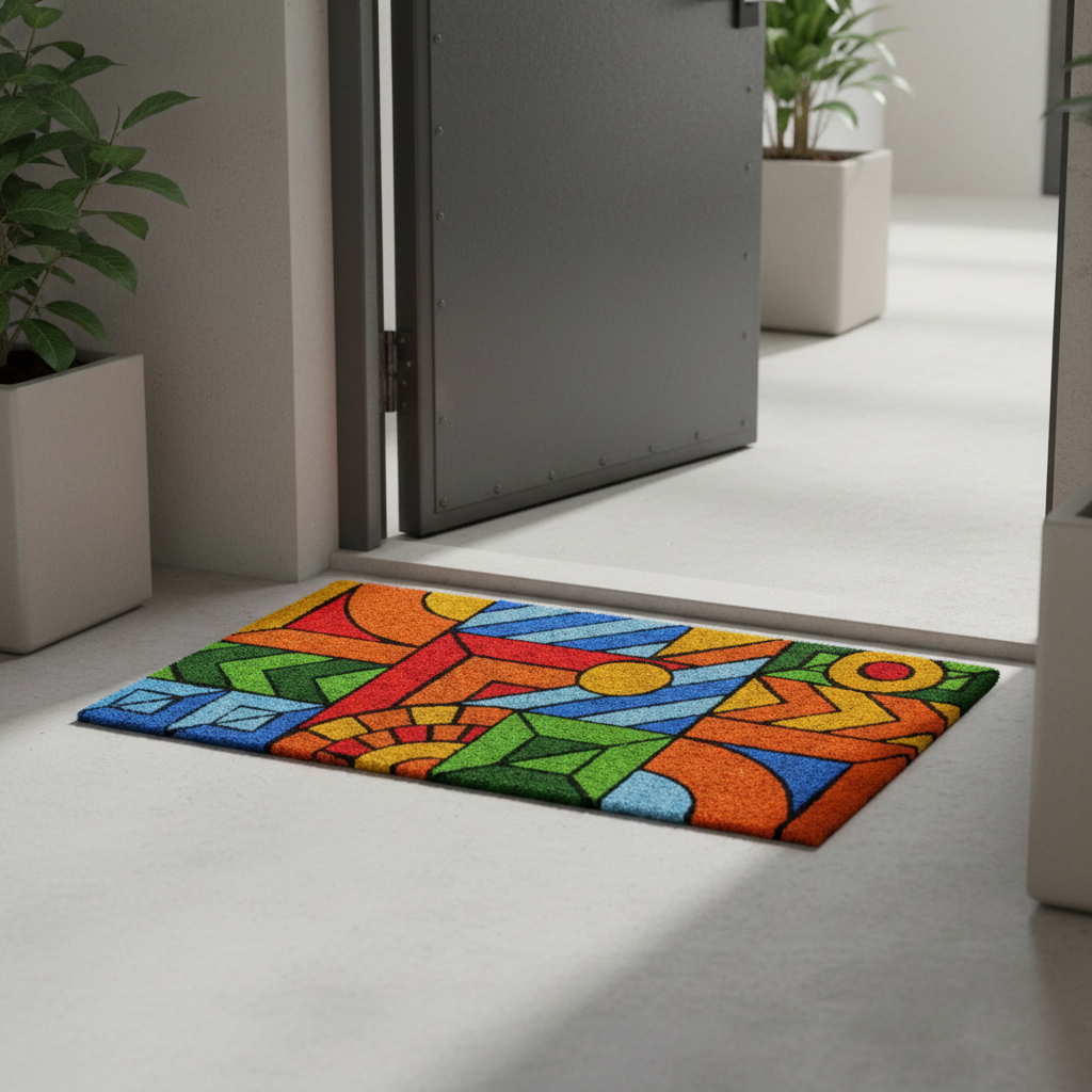 
                      
                        Colorful geometric-patterned rug on a light gray floor with a door in the background.
                      
                    