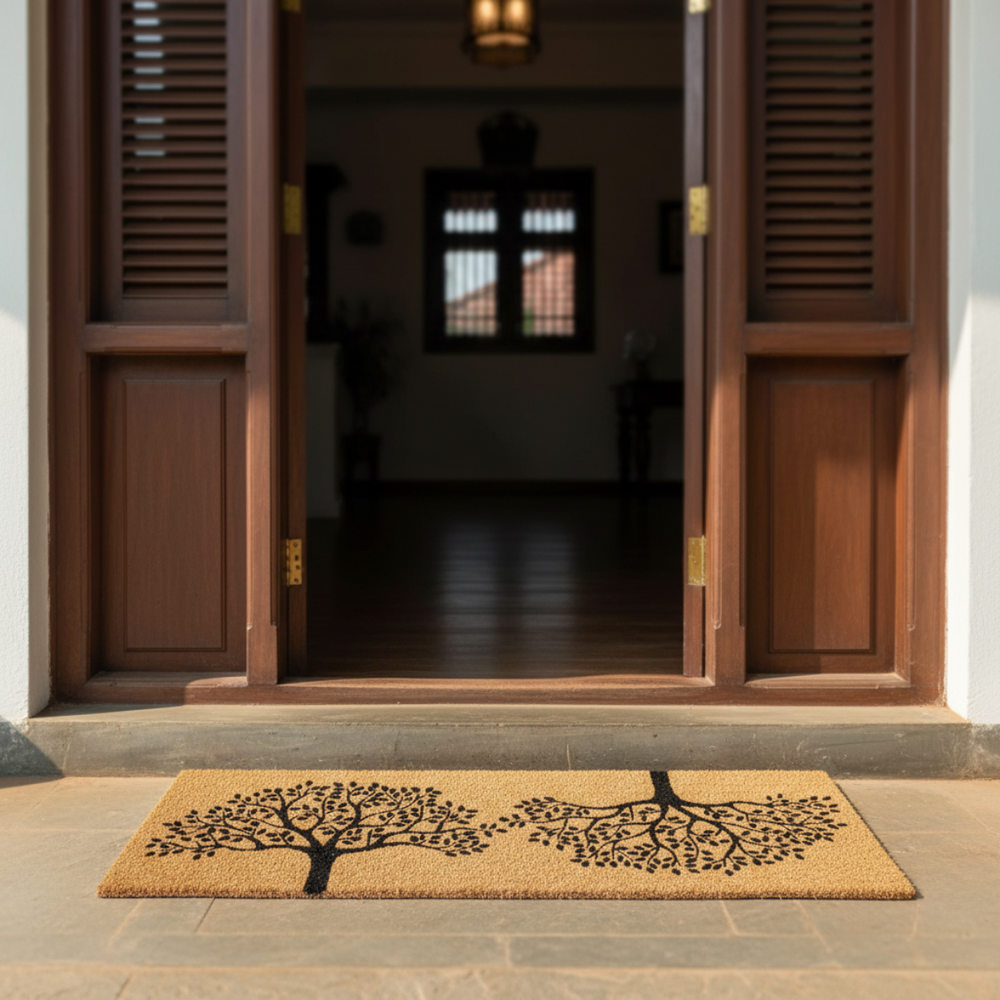 Coir Doormat with tree design in front of a wooden door