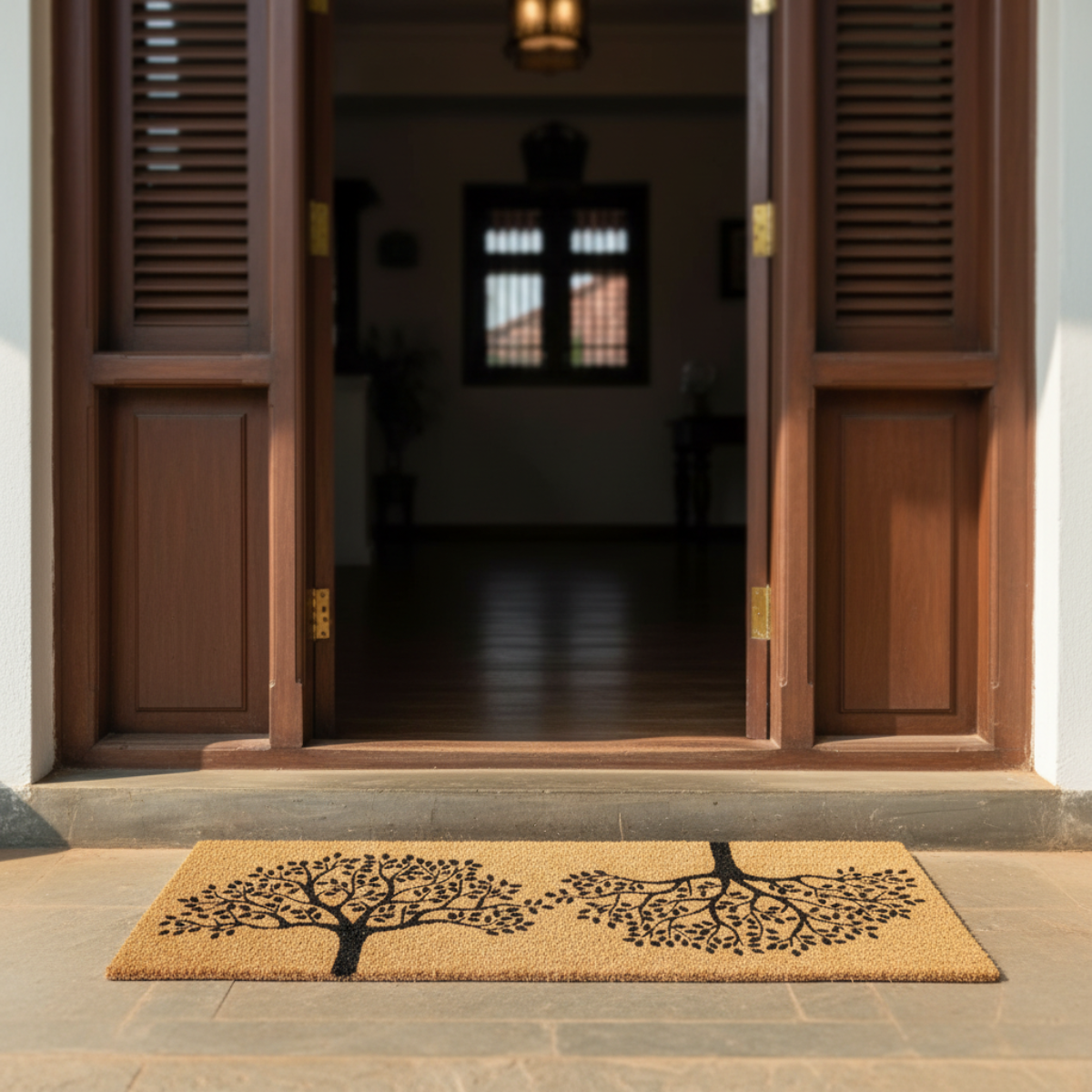 Coir Doormat with tree design in front of a wooden door