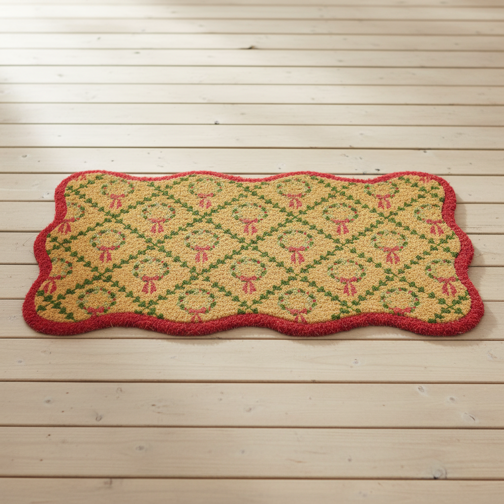 Christmas Wreath Scalloped Tufted Coir Doormat lifestyle photo on natural wooden surface