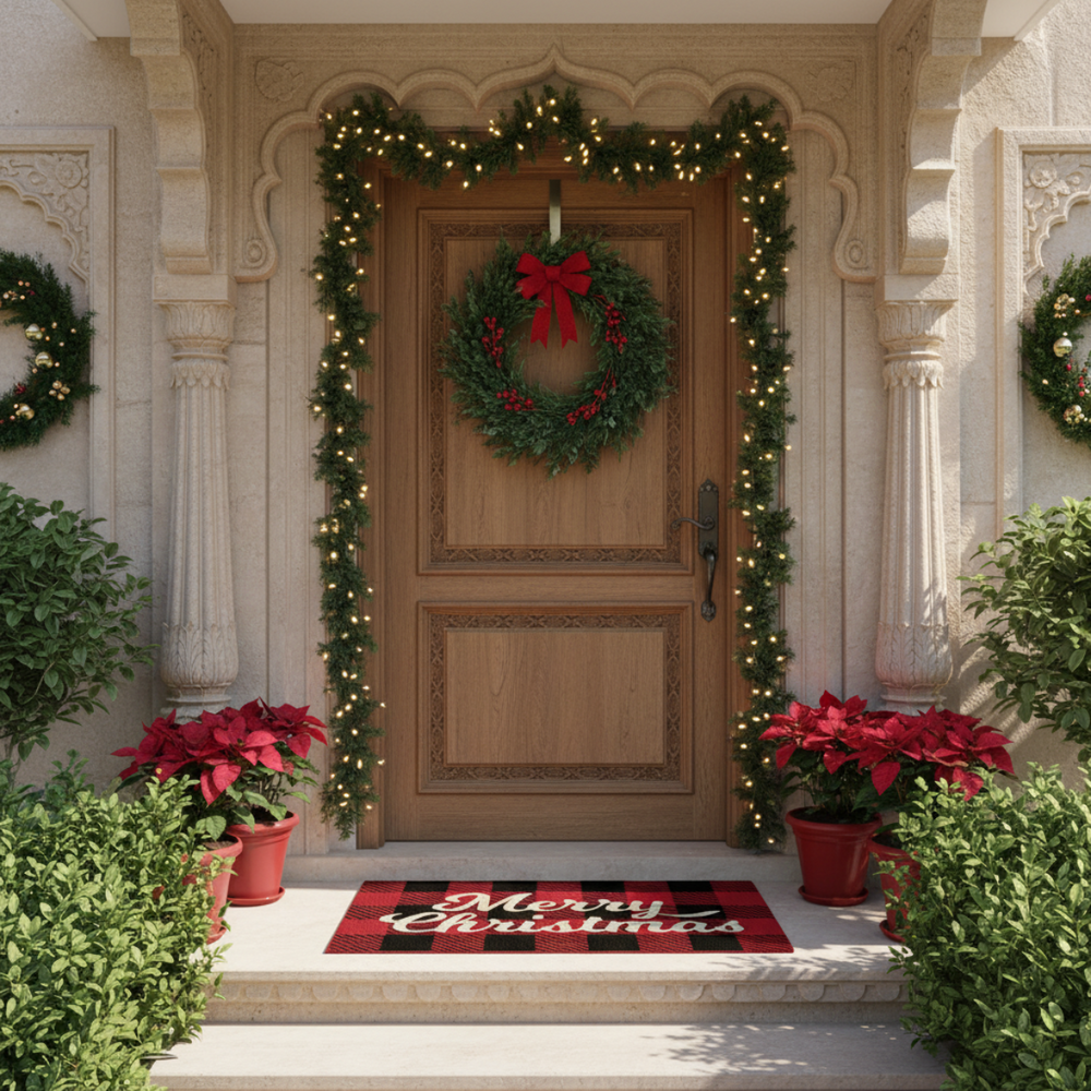 Decorative Christmas door with wreath, garland, and potted plants on a stone building.