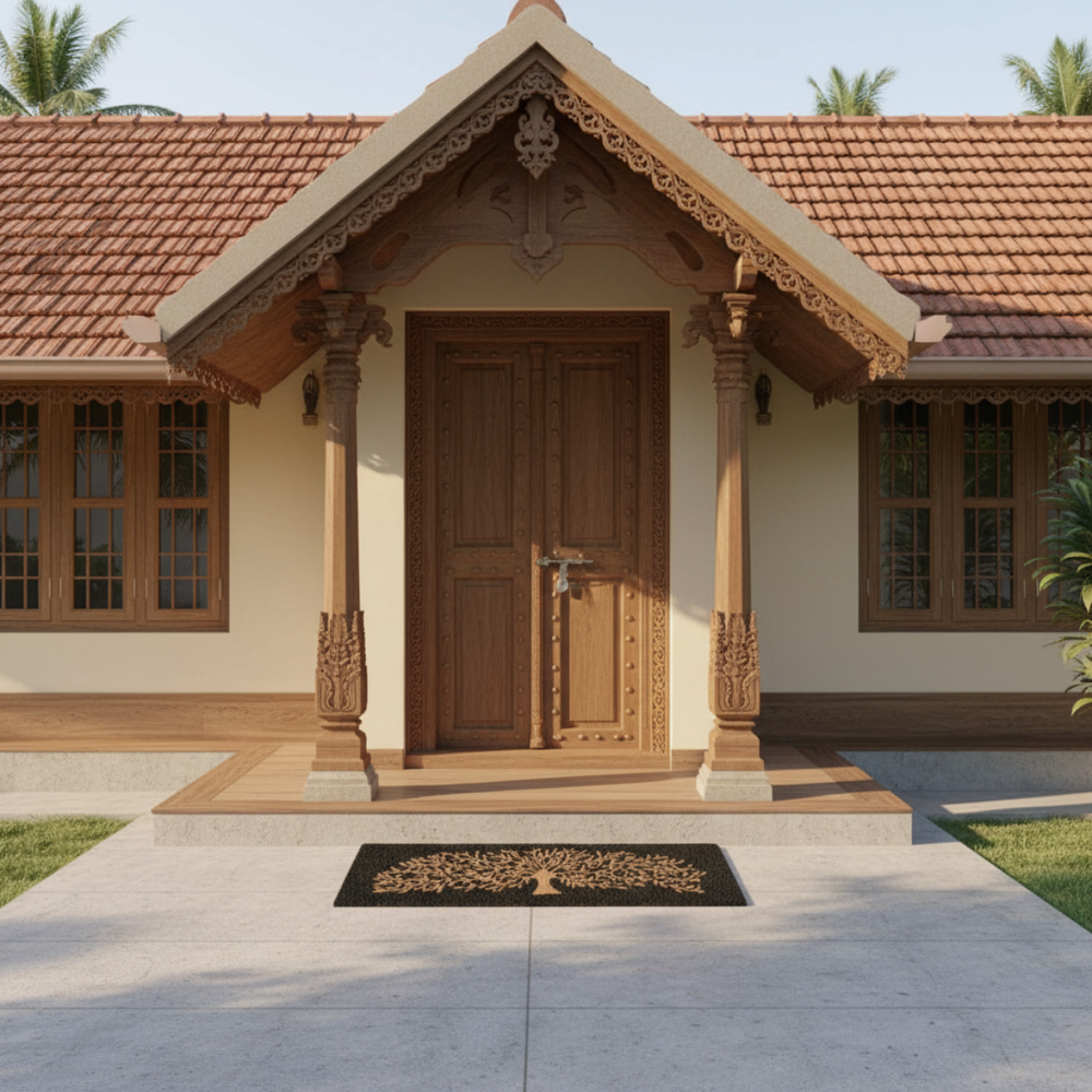 Traditional wooden door with decorative pillars in front of a house