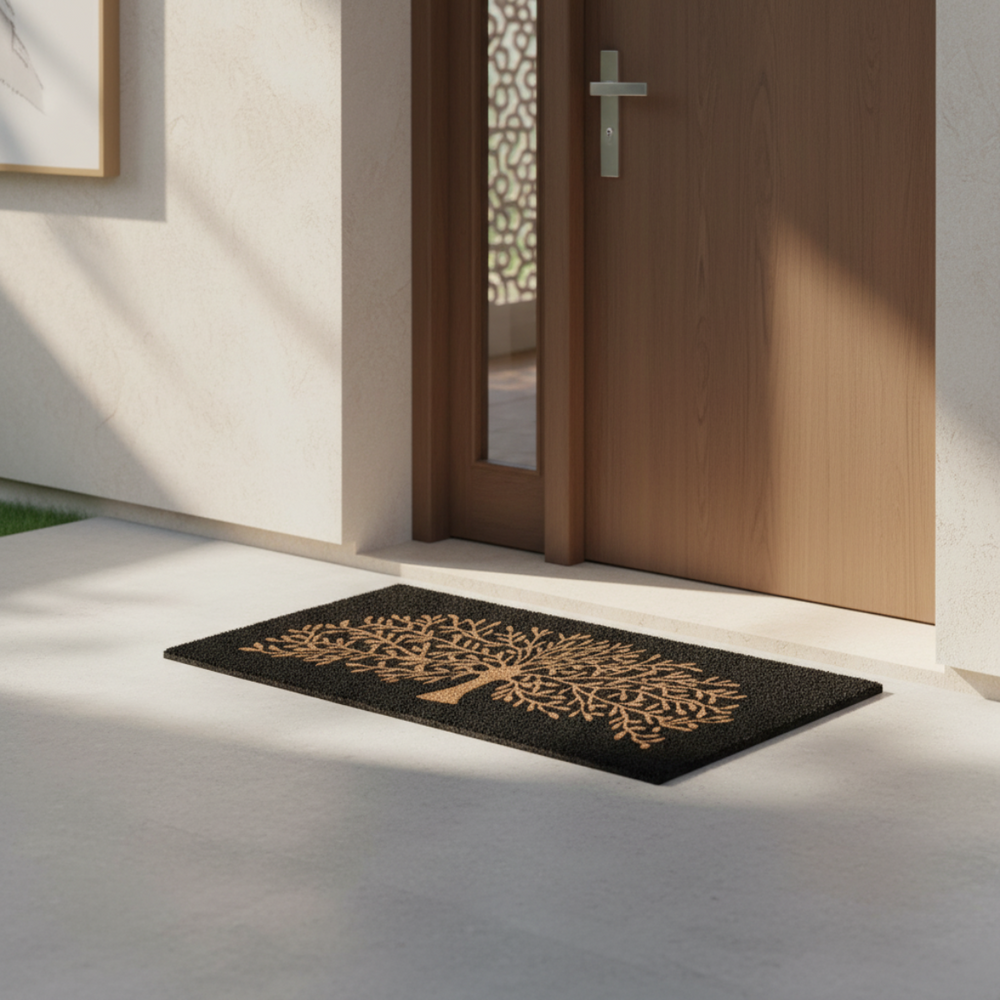 
                      
                        Black coir doormat with a gold tree design in front of a wooden door.
                      
                    