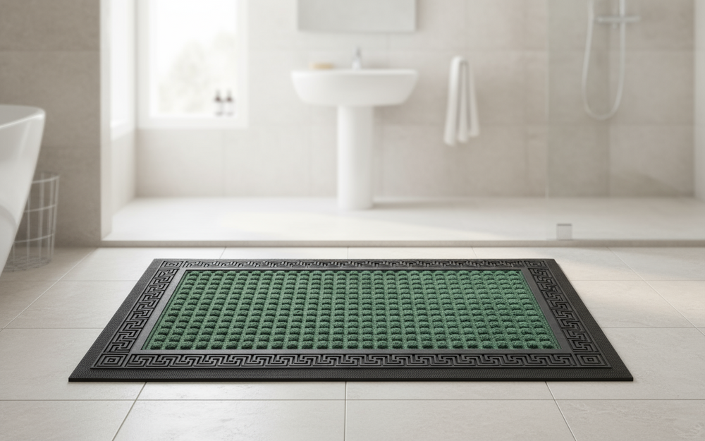 Green and black textured bath mat on a white bathroom floor.