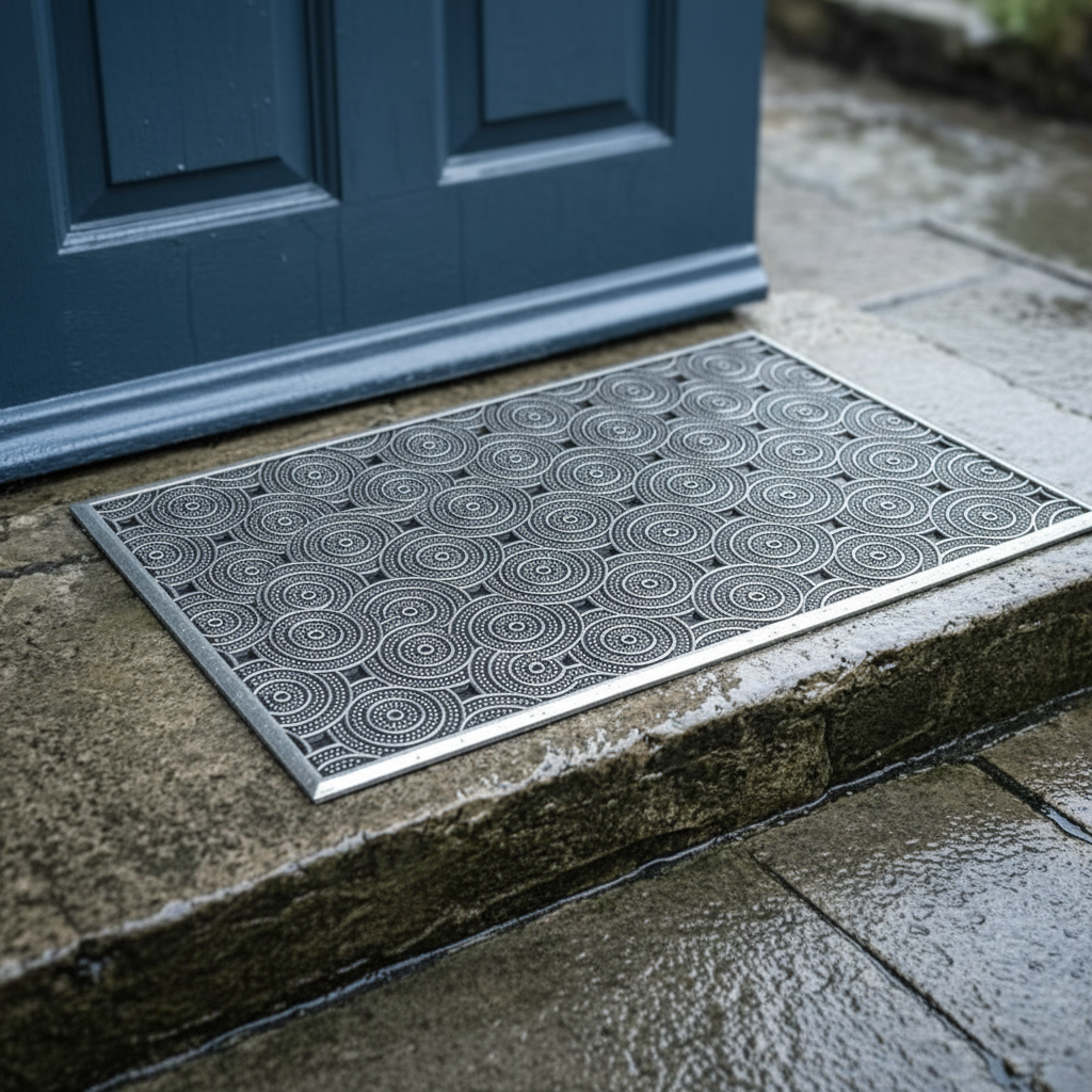 Rubber doormat with concentric circle geometric pin pattern in metallic silver, placed on a natural stone surface with soft diffuse daylight