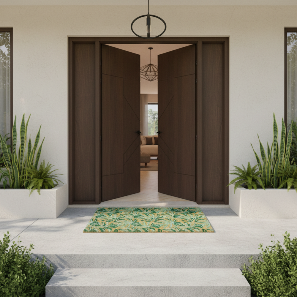 Open wooden doors leading to a modern interior with plants on either side with a coir doormat