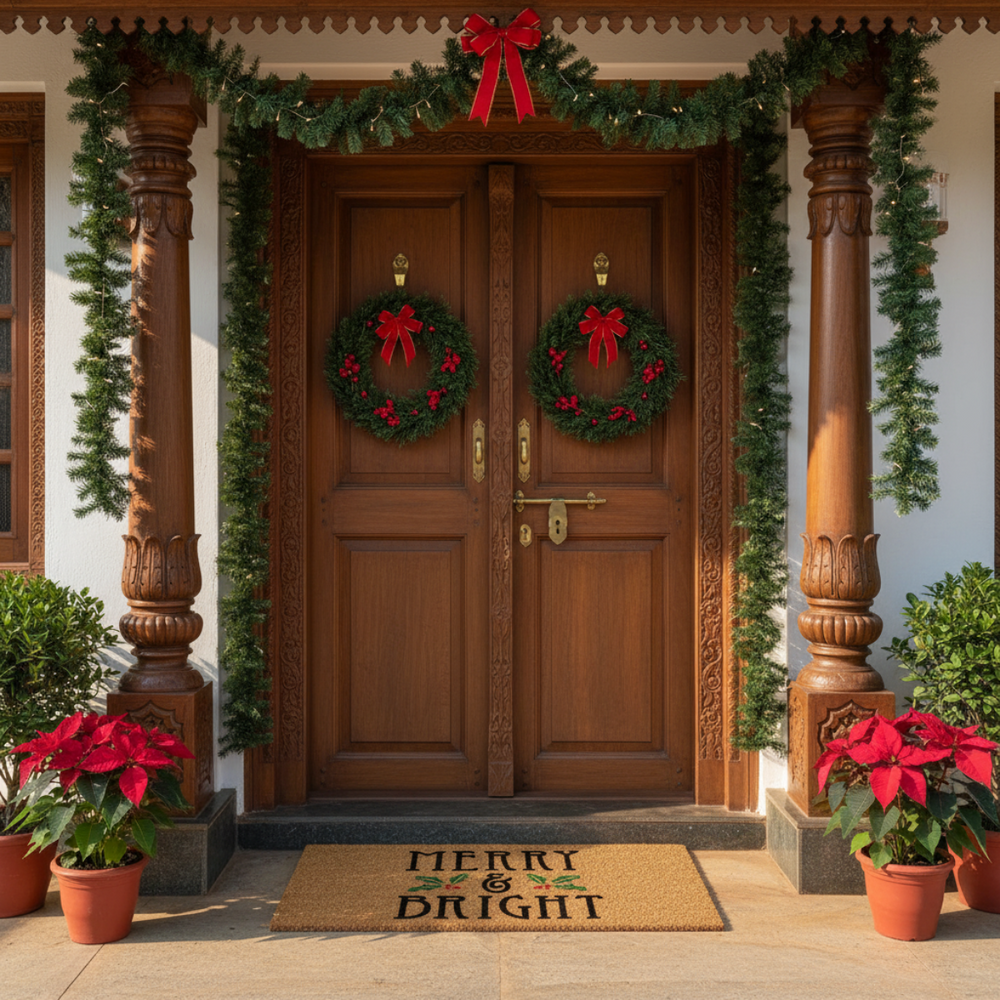 Decorated front door with wreaths, garlands, and potted plants on a festive porch.